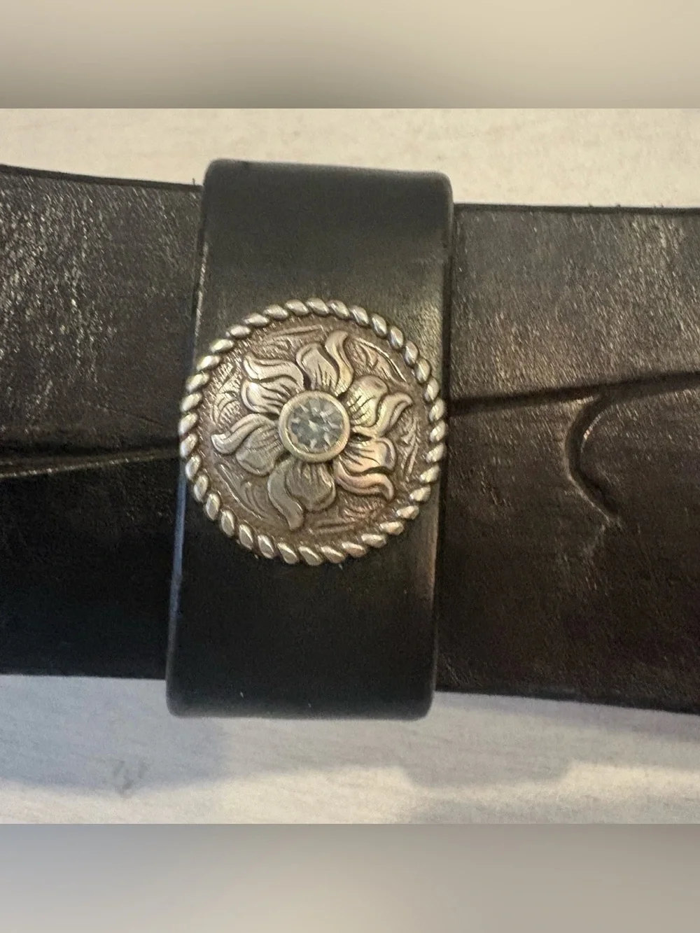 Vtg Al Stohlman Black Leather Belt Floral Rhinestone Western Boho Cowgirl Rodeo